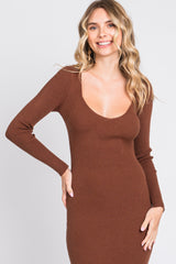 Brown Ribbed Long Sleeve Midi Dress