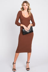 Brown Ribbed Long Sleeve Midi Dress