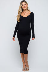 Black Ribbed Long Sleeve Maternity Midi Dress