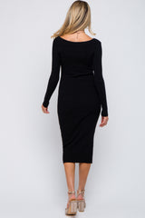 Black Ribbed Long Sleeve Maternity Midi Dress