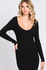 Black Ribbed Long Sleeve Midi Dress