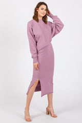 Mauve Knit Long Sleeve Crop Top Midi Skirt Set