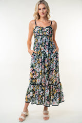 Black Floral Smocked Button Accent Maxi Dress