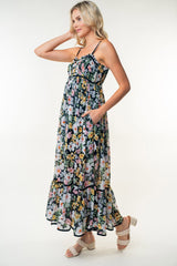 Black Floral Smocked Button Accent Maxi Dress