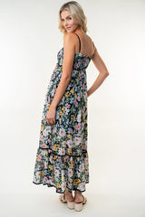 Black Floral Smocked Button Accent Maxi Dress