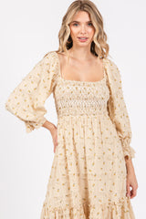 Beige Floral Square Neck Smocked Fringe Midi Dress