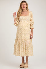 Beige Floral Square Neck Smocked Fringe Maternity Midi Dress