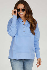 Light Blue Hooded Button Pullover Maternity Sweater