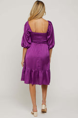 Plum Satin Smocked Ruffle Hem Maternity Dress