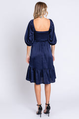 Navy Satin Smocked Ruffle Hem Dress