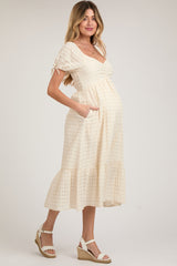 Ivory Textured Plaid Puff Short Sleeve Maternity Midi Dress