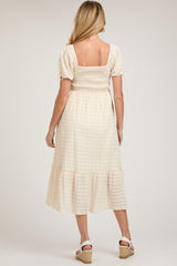 Ivory Textured Plaid Puff Short Sleeve Maternity Midi Dress