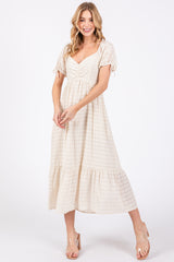 Ivory Textured Plaid Puff Short Sleeve Midi Dress