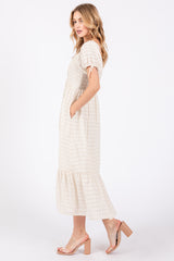 Ivory Textured Plaid Puff Short Sleeve Midi Dress