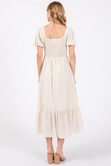 Ivory Textured Plaid Puff Short Sleeve Midi Dress