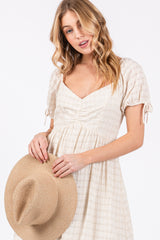 Ivory Textured Plaid Puff Short Sleeve Midi Dress