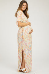 Ivory Printed Deep V-Neck Maternity Maxi Dress