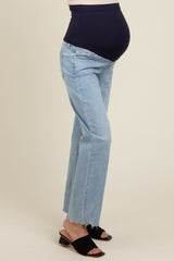 Light Blue Distressed Raw Hem Maternity Straight Leg Jeans