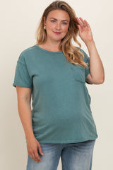 Teal Mineral Wash Front Pocket Short Sleeve Maternity Plus T-Shirt