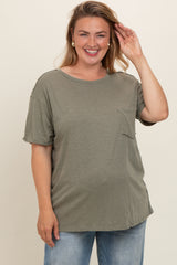 Olive Mineral Wash Front Pocket Short Sleeve Maternity Plus T-Shirt