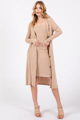 Beige Ribbed Soft Knit Dress Cardigan Maternity Set