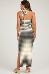 Ivory Striped Twist Front Halter Maternity Midi Dress