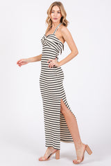 Ivory Striped Twist Front Halter Midi Dress