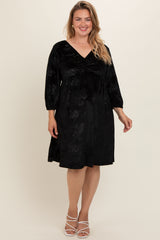 Black Velvet Floral Ruched Neck Plus Maternity Dress