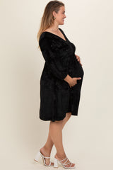 Black Velvet Floral Ruched Neck Plus Maternity Dress