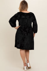 Black Velvet Floral Ruched Neck Plus Maternity Dress