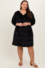 Black Velvet Floral Ruched Neck Plus Dress