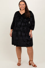 Black Velvet Floral Ruched Neck Plus Dress