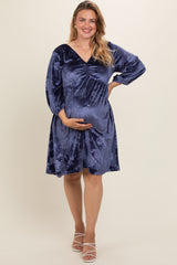 Navy Velvet Floral Ruched Neck Plus Maternity Dress