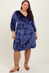 Navy Velvet Floral Ruched Neck Plus Dress