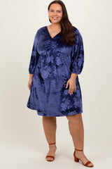 Navy Velvet Floral Ruched Neck Plus Dress