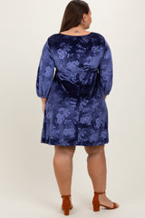 Navy Velvet Floral Ruched Neck Plus Dress