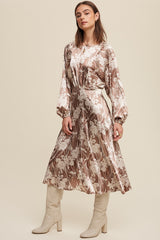 Mocha Floral Print Satin Cinched A-Line Midi Dress