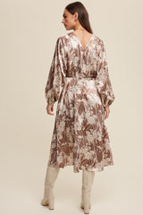 Mocha Floral Print Satin Cinched A-Line Midi Dress