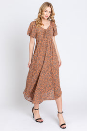 Mocha Floral Front Ruched Tie Midi Dress