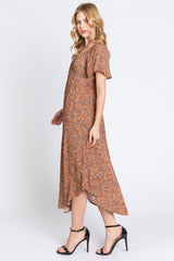 Mocha Floral Front Ruched Tie Midi Dress