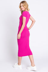 Fuchsia Rib Knit Short Sleeve Midi Dress