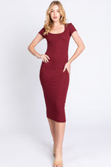 Burgundy Rib Knit Short Sleeve Maternity Midi Dress