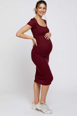 Burgundy Rib Knit Short Sleeve Maternity Midi Dress