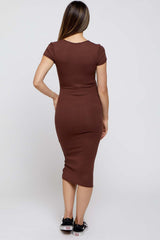 Brown Rib Knit Short Sleeve Maternity Midi Dress