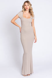 Beige Ribbed Scoop Neck Maxi Dress