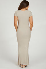 Beige Ribbed Scoop Neck Maternity Maxi Dress