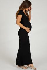 Black Ribbed Scoop Neck Maternity Maxi Dress