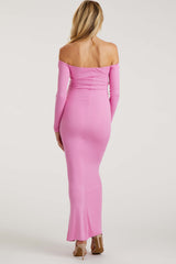 Pink Ribbed Off Shoulder Long Sleeve Maternity Maxi Dress