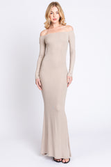 Taupe Ribbed Off Shoulder Long Sleeve Maternity Maxi Dress