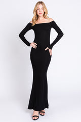 Black Ribbed Off Shoulder Long Sleeve Maternity Maxi Dress